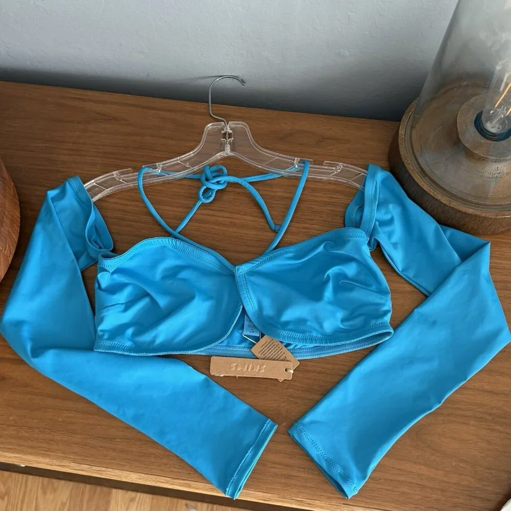 SKIMS Swim Long Sleeve Bikini Top Turquoise Blue Size L
